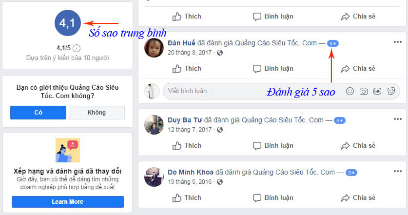 Tăng đ&aacute;nh gi&aacute; 5 sao page Facebook